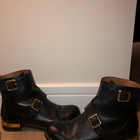 Chloe Black Leather Gold Double Buckle Boots - Picture 2 of 4